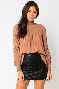 Mock Neck Tiered Blouse- Biscotti
