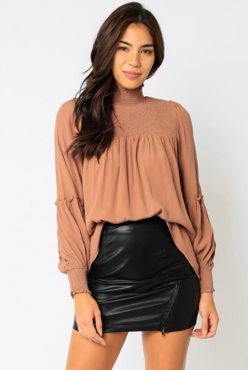 Mock Neck Tiered Blouse- Biscotti