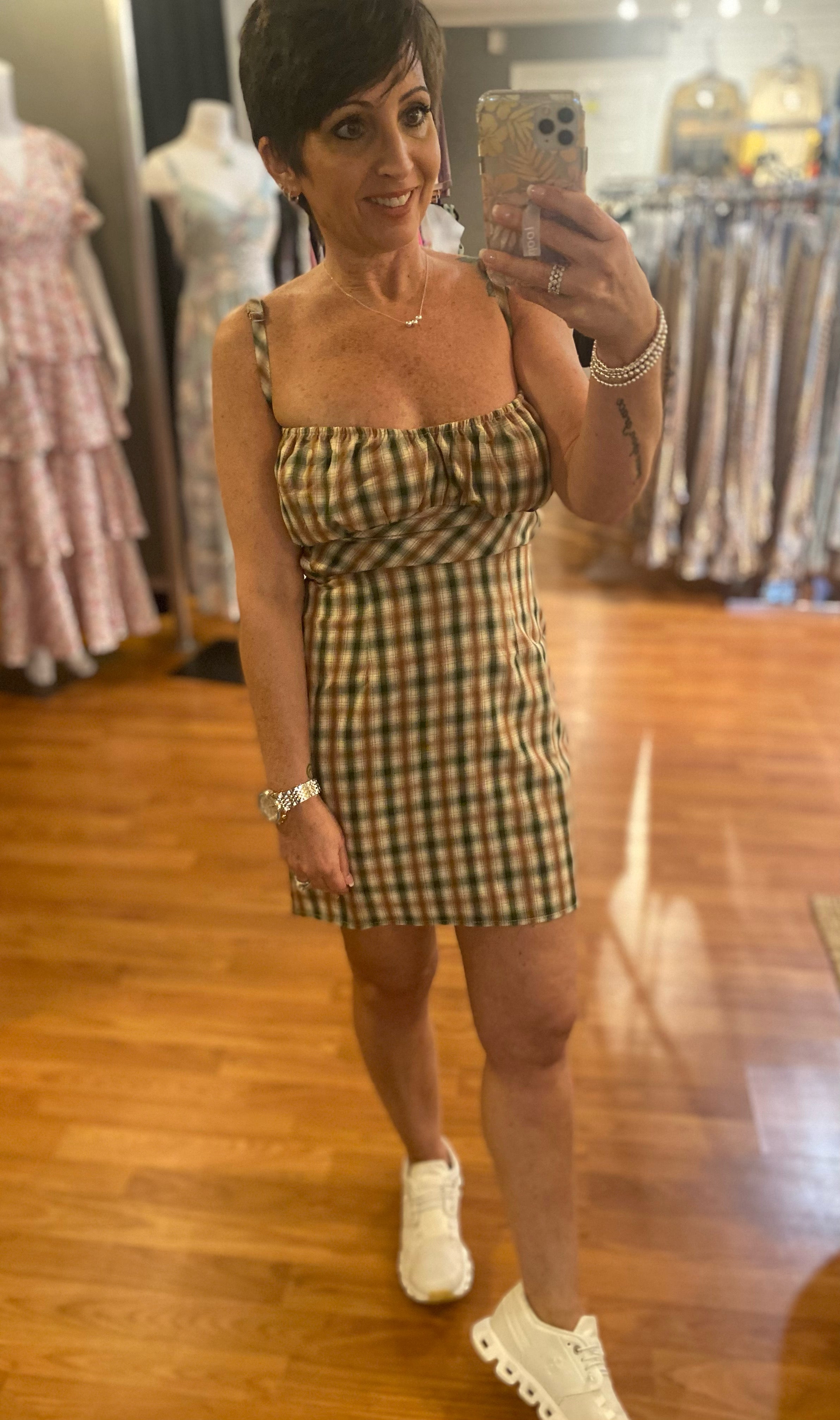 Plaid Open Back Dress- Brown & Green – Red Fern Boutique